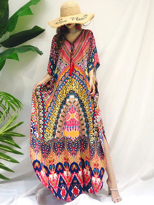 Over Again Abstract Print Loose Bohemian Maxi Dress - Fashionpara