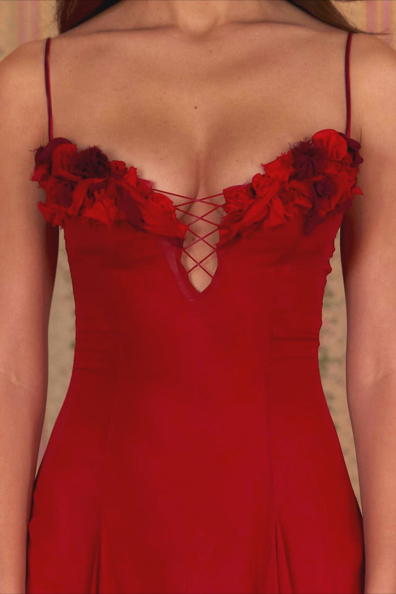 3D Flower Deep V Patchwork Spaghetti Strap Romantic Party Dress