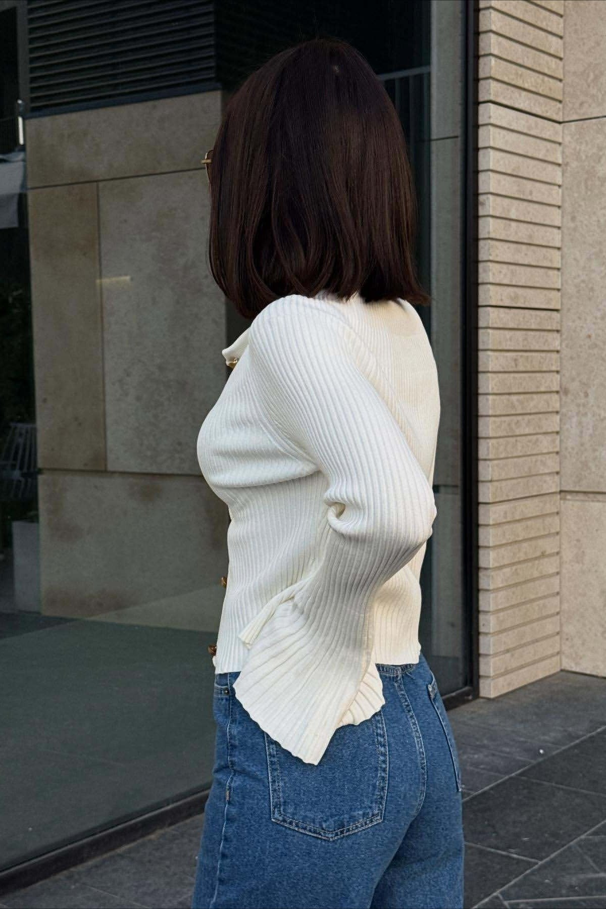 Ribbed Bell Sleeve Button Front Cardigan