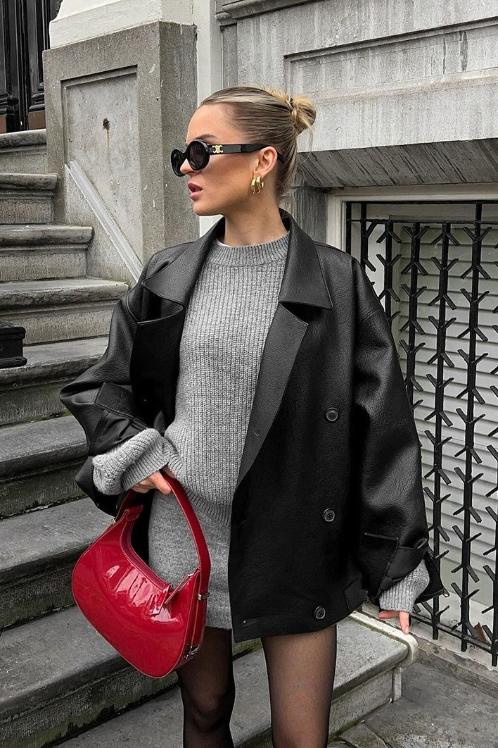 Relaxed Double Breasted Faux Leather Blazer