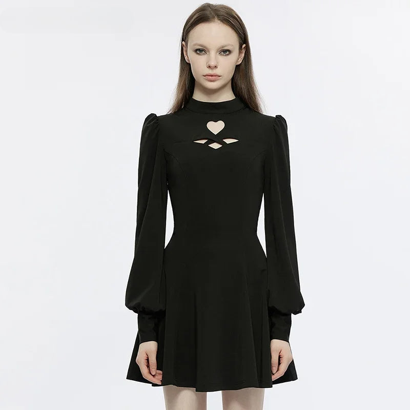 High Neck Puff Sleeve Heart Cutout Fit & Flare Mini Dress