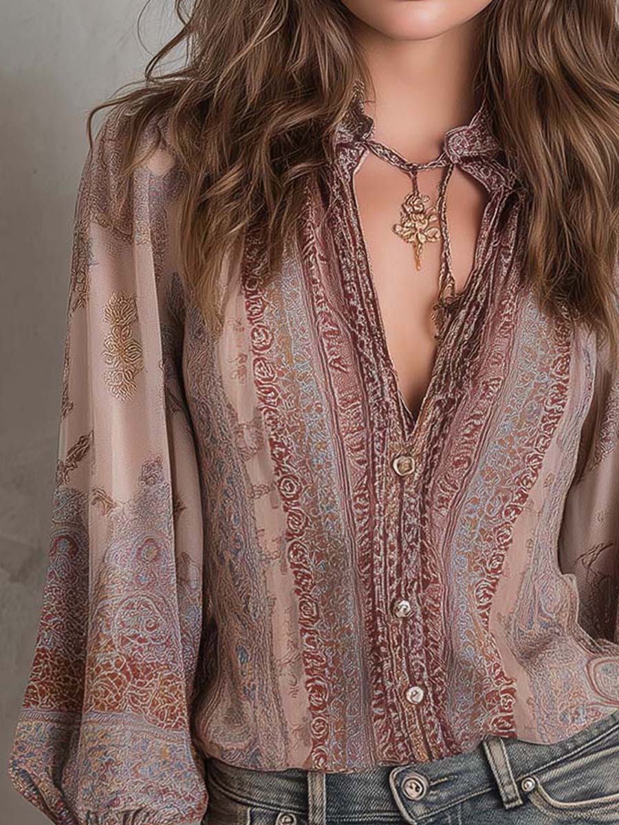 Boho Paisley Sheer Blouse With Lace Cuffs - Fashionpara