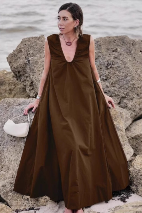 V-Neck Sleeveless Gathered A-Line Maxi Dress 6
