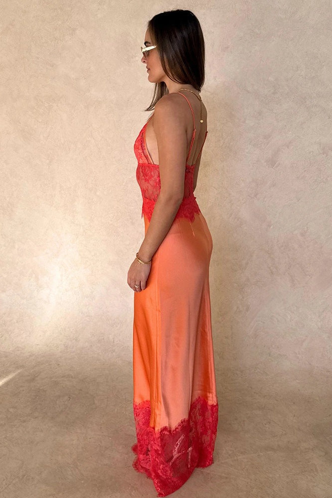 Satin Lace Trim V Neck Slip Maxi Dress 6