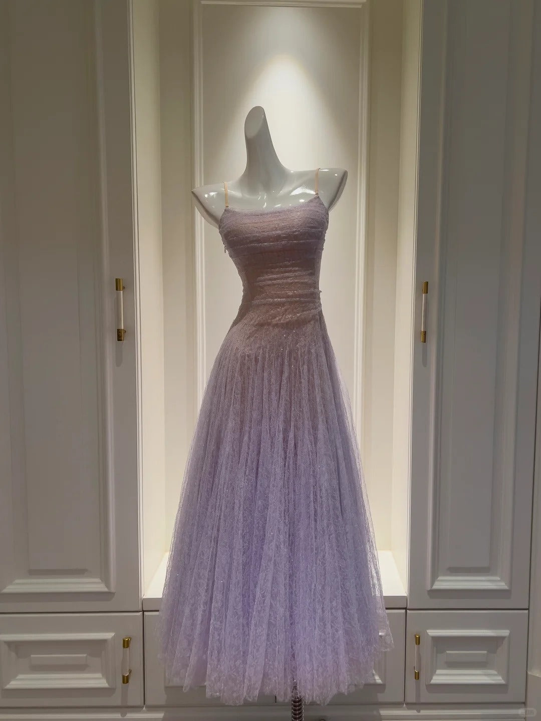 Dreamy Lavender A-line Suspender Strap Pleated Tulle Long Prom Dress Evening Dress P4056