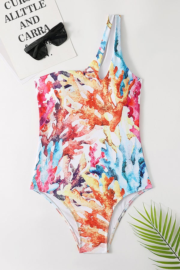One-shoulder Cutout Print One-piece Swimsuit - Fashionpara