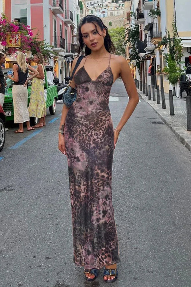 Paisley Print Backless Strappy Bodycon Maxi Dress