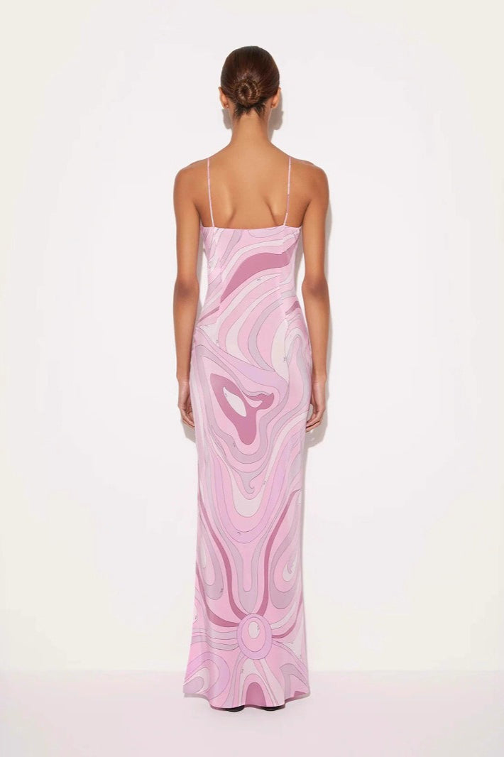 Swirl Print V-Neck Spaghetti Strap Slip Maxi Dress