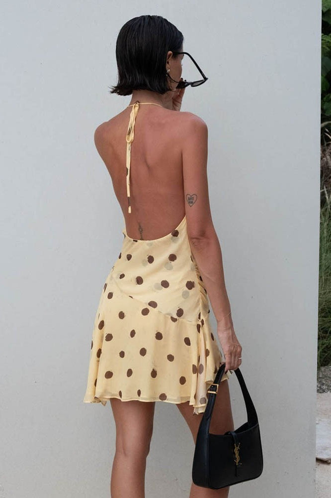 Polka Dot Halter Cowl-Neck Flounce-Hem Mini Dress