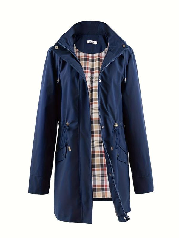 Hooded Zip Front Drawstring Waist Rain Coat 2