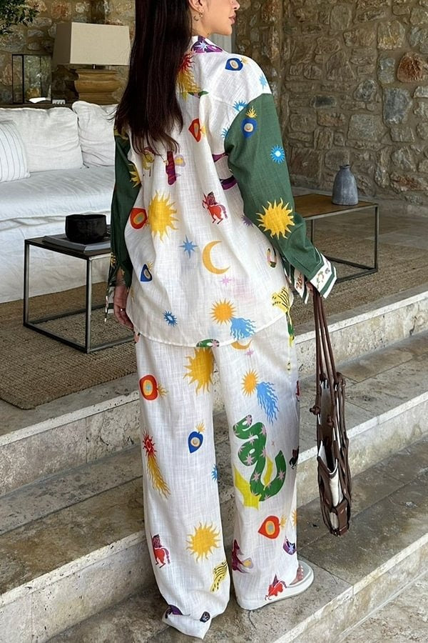 Zoie Linen Blend Unique Print Long Sleeve Loose Shirt and Elastic Waist Pocketed Pants Set - Fashionpara