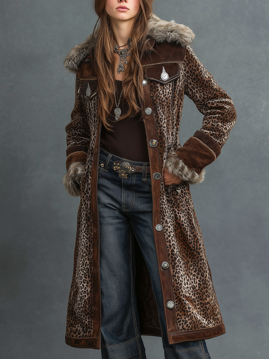 Vintage Leopard Print Polyester Velvet Suede Eco-friendly Fur Collar Coat - Fashionpara