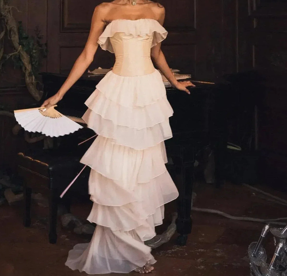 Chiffon Off Shoulder Ruffle Corset Tiered Maxi Prom Gown