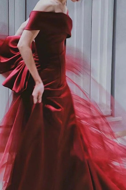 Satin Off Shoulder Tulle Mermaid Gown - View 2