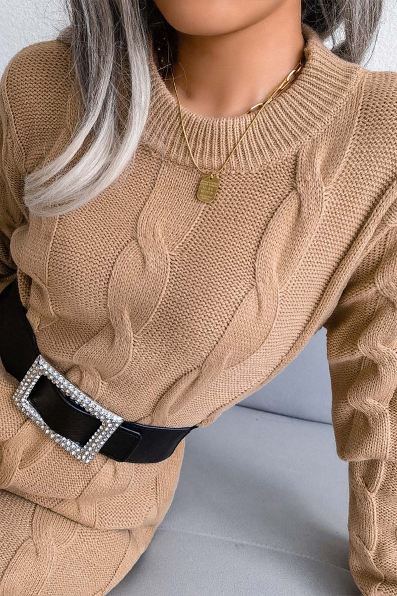 Solid Cable-knit Round Neck Sweater Dress  Fashionpara