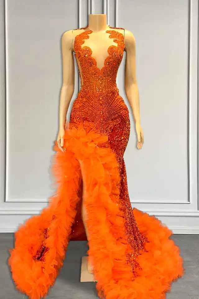 Gorgegous Orange Sleeveless Mermaid Long Formal Dresses with Side Slit and Tulle Beads - Fashionpara