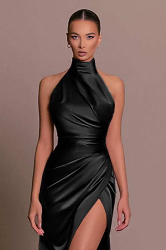 Satin Halter Neck Ruched High Split Mermaid Gown - View 3