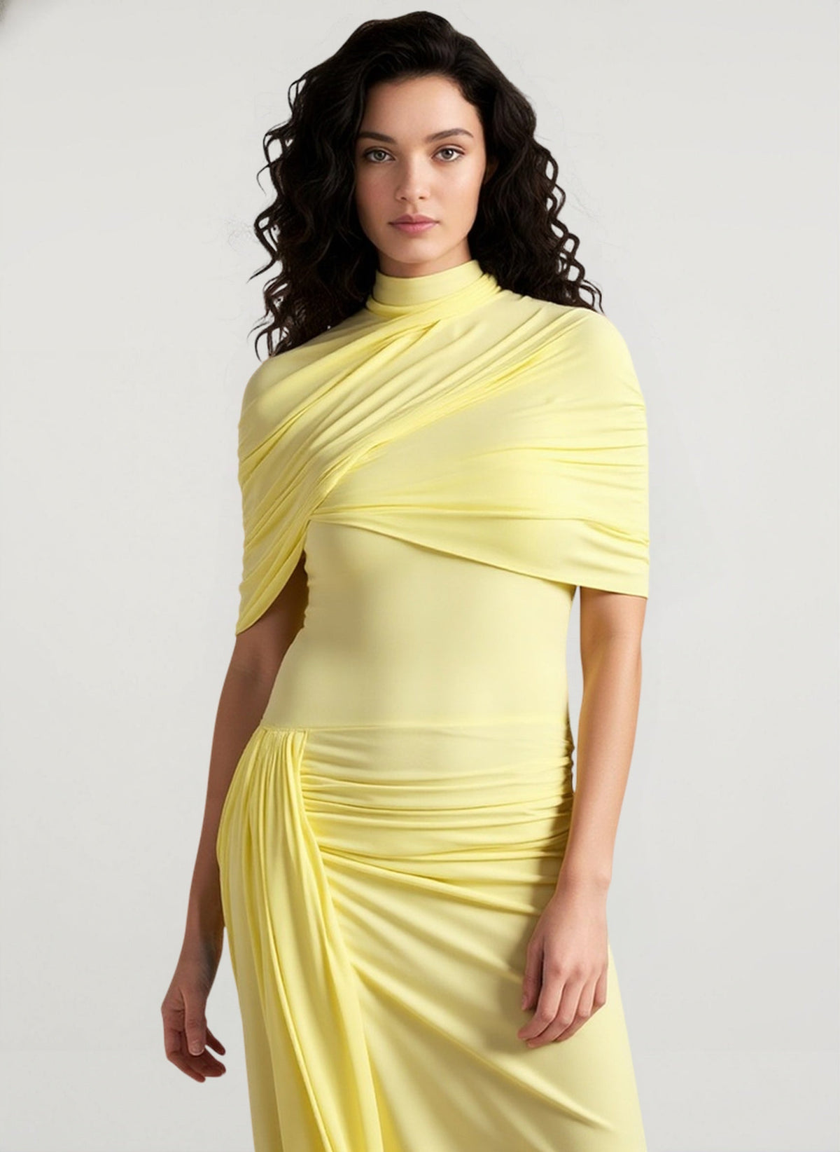 High Neck Cape Ruched Asymmetric Midi Dress 4