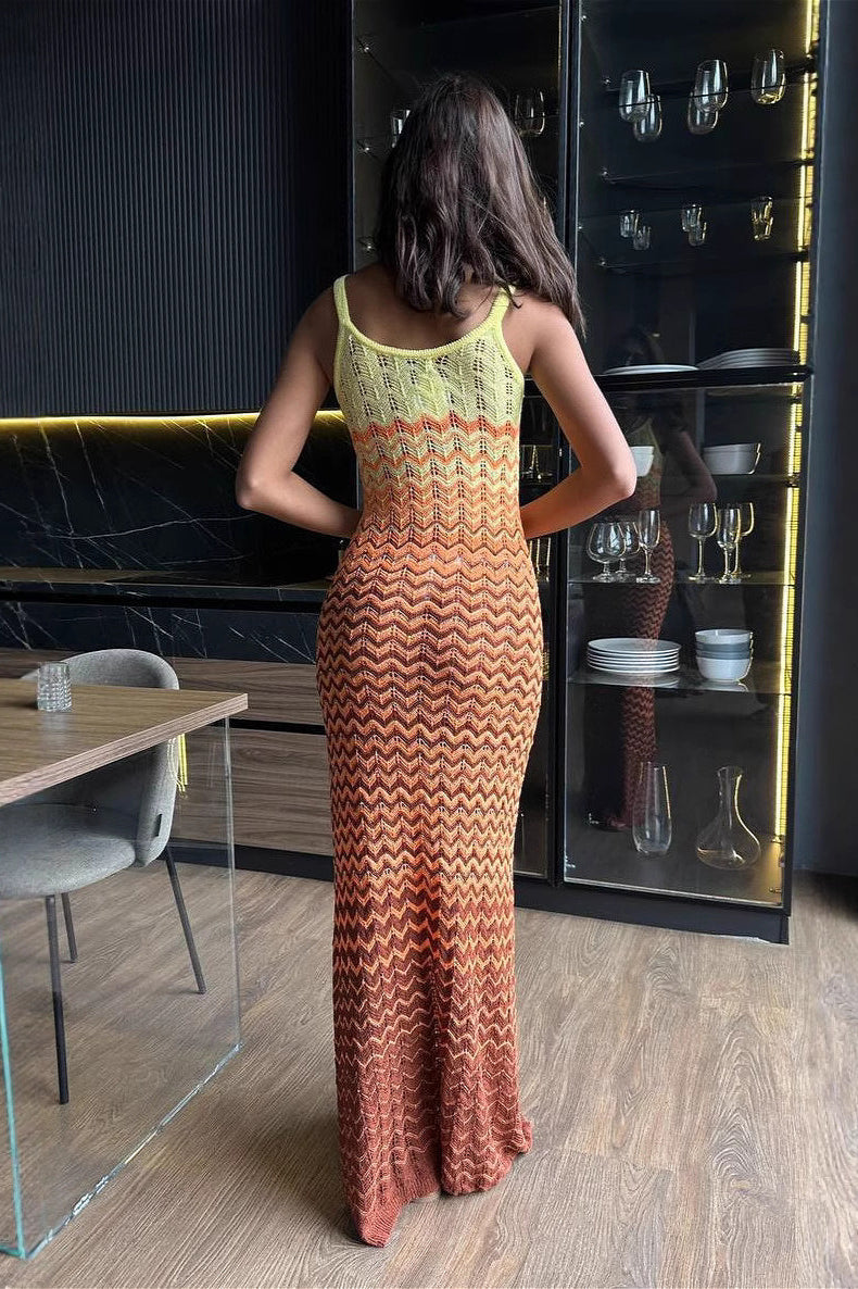 Chevron Knit Scoop Neck Sleeveless Maxi Dress