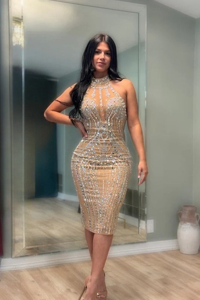 Rhinestone Embellished High-Neck Bodycon Midi Dress 3