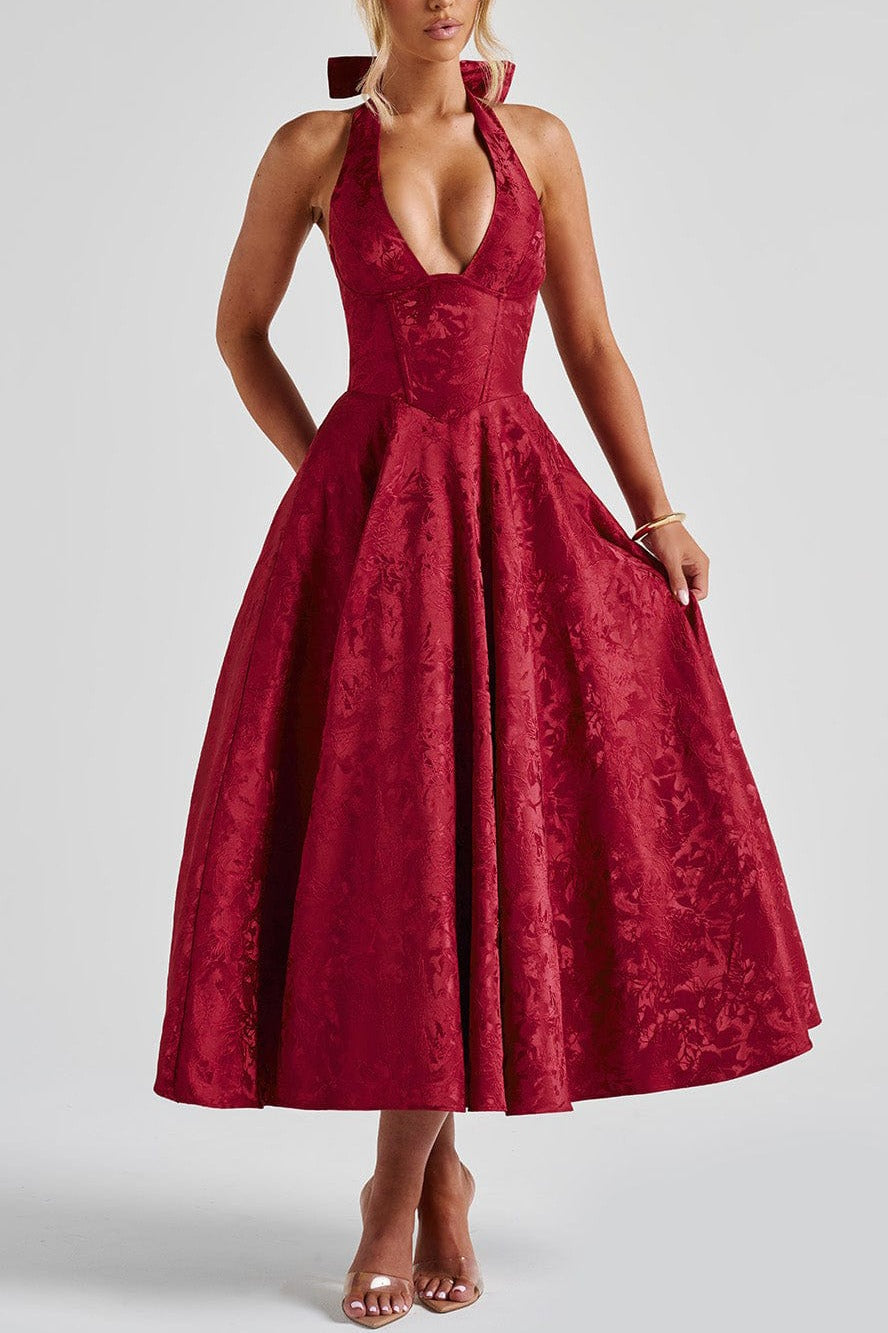 Halter Deep V-Neck Corset Jacquard Fit and Flare Midi Dress - View 8