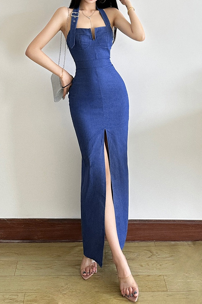 Denim Halter Sweetheart High-Slit Bodycon Maxi Dress