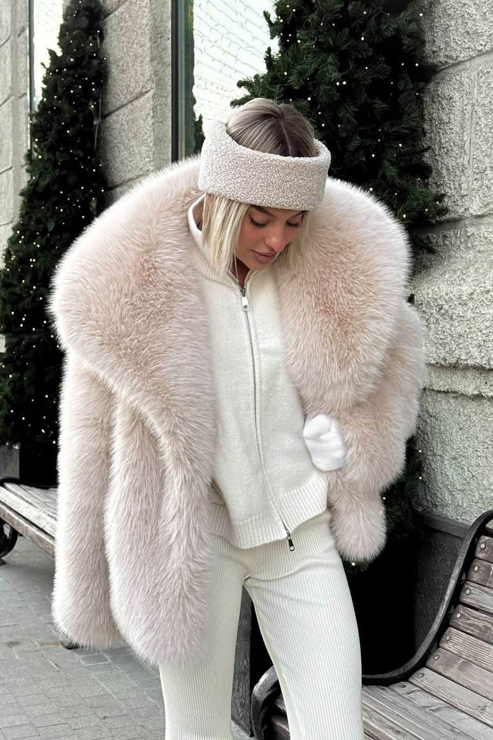 Fluffy Faux Fox Fur Notch Collar Warm Winter Coat