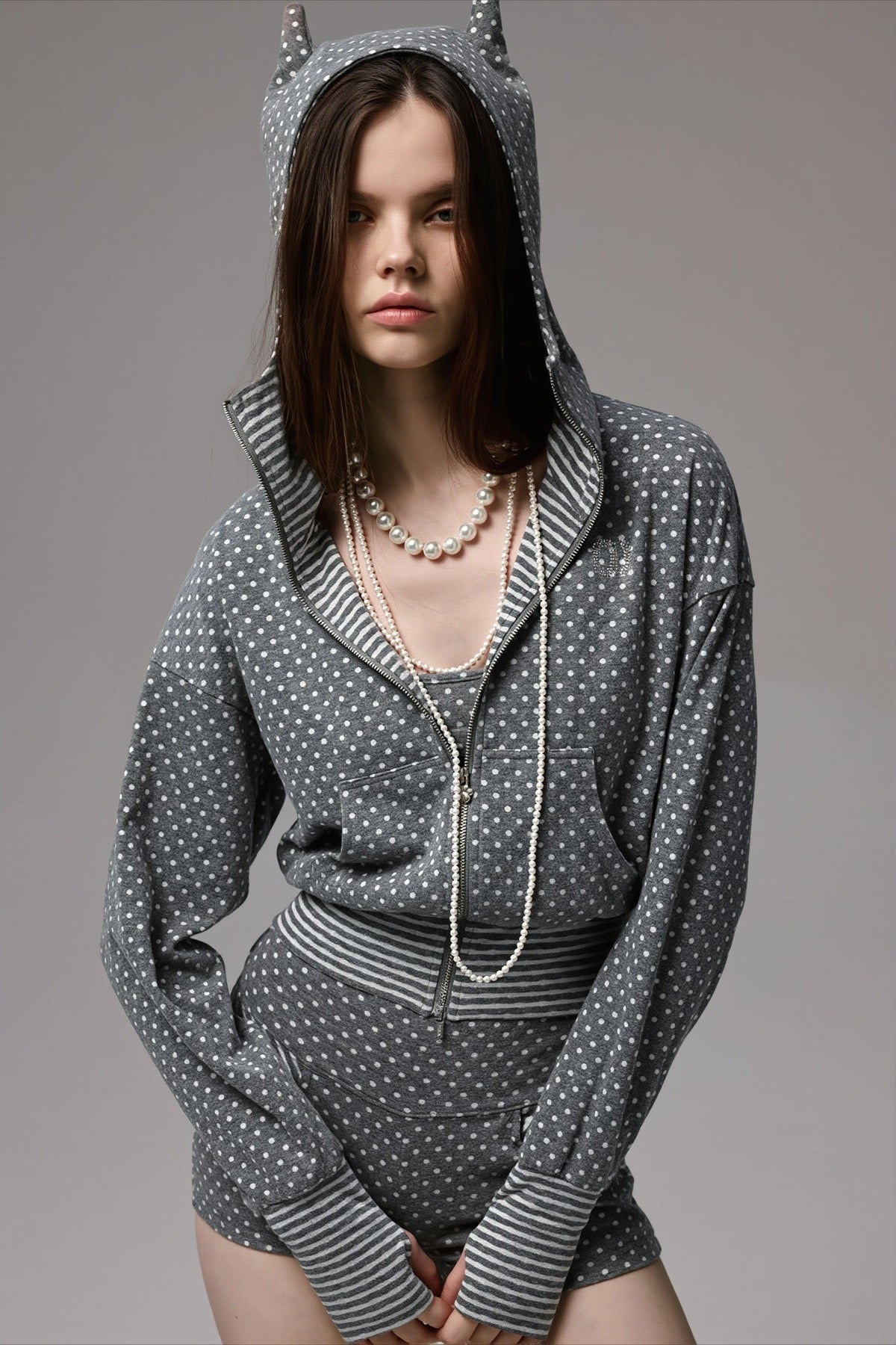 Polka Dot Cat Ear Zip Front Cropped Hoodie
