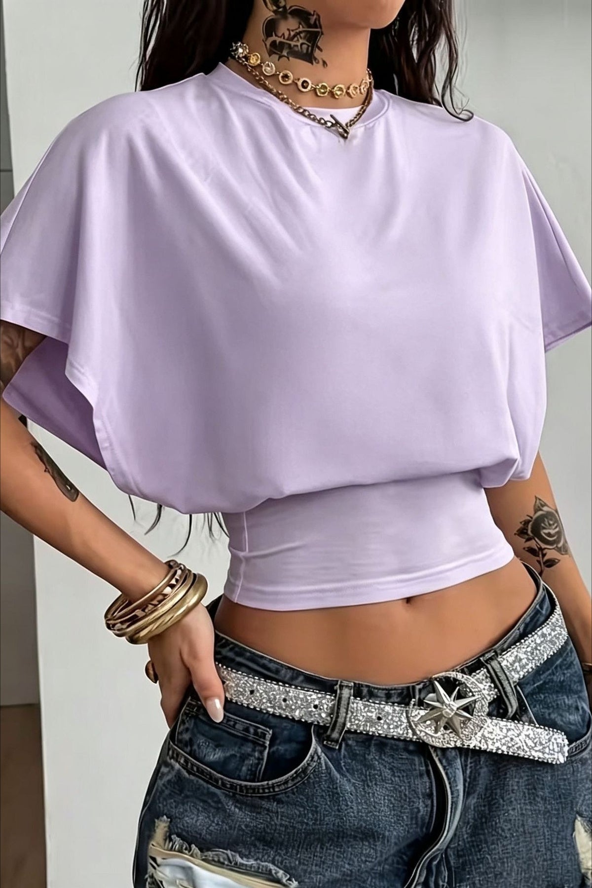 Batwing Sleeve Ruched Crop T-Shirt