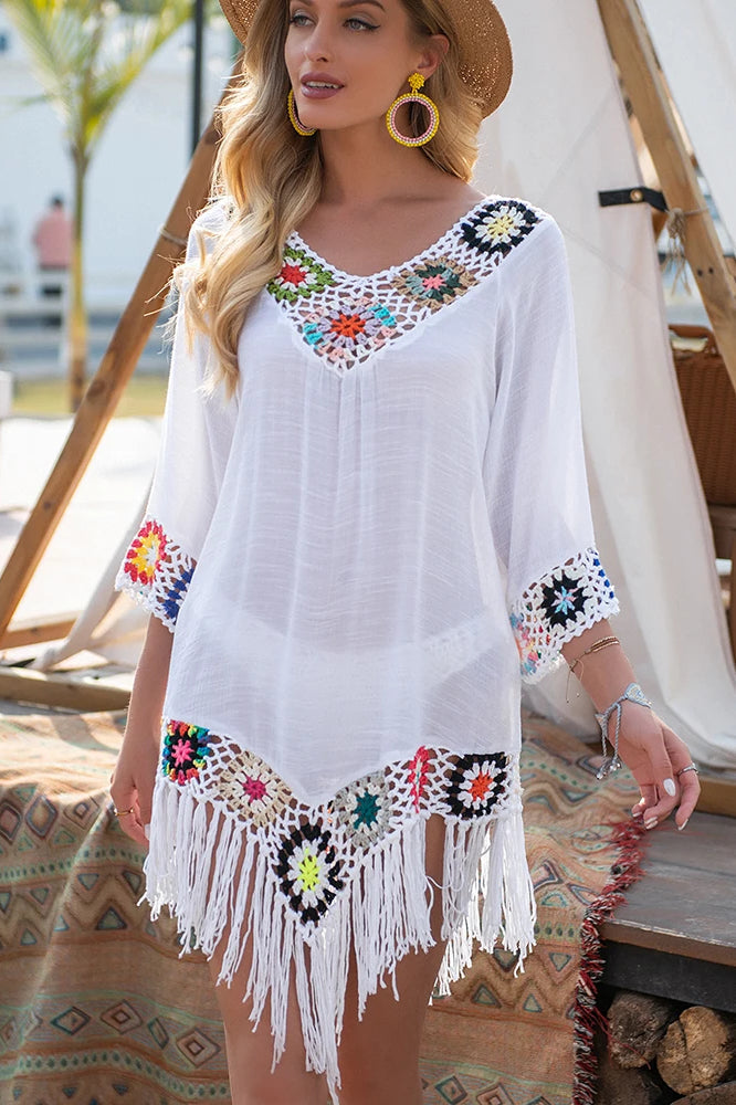 Crochet Fringe Tassel V-Neck Beach Cover Up Dress