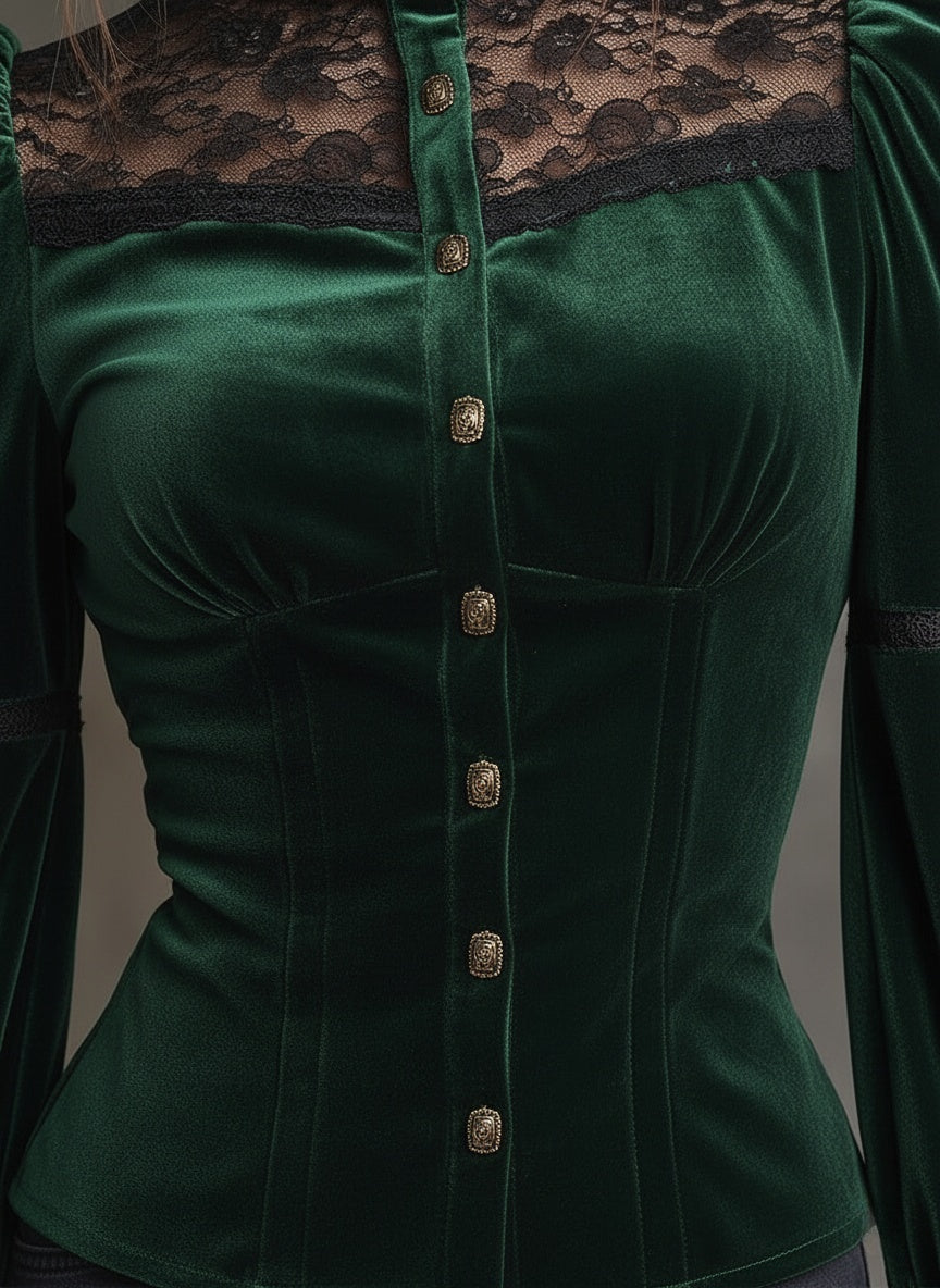 Emerald Velvet & Lace Victorian Blouse - Fashionpara