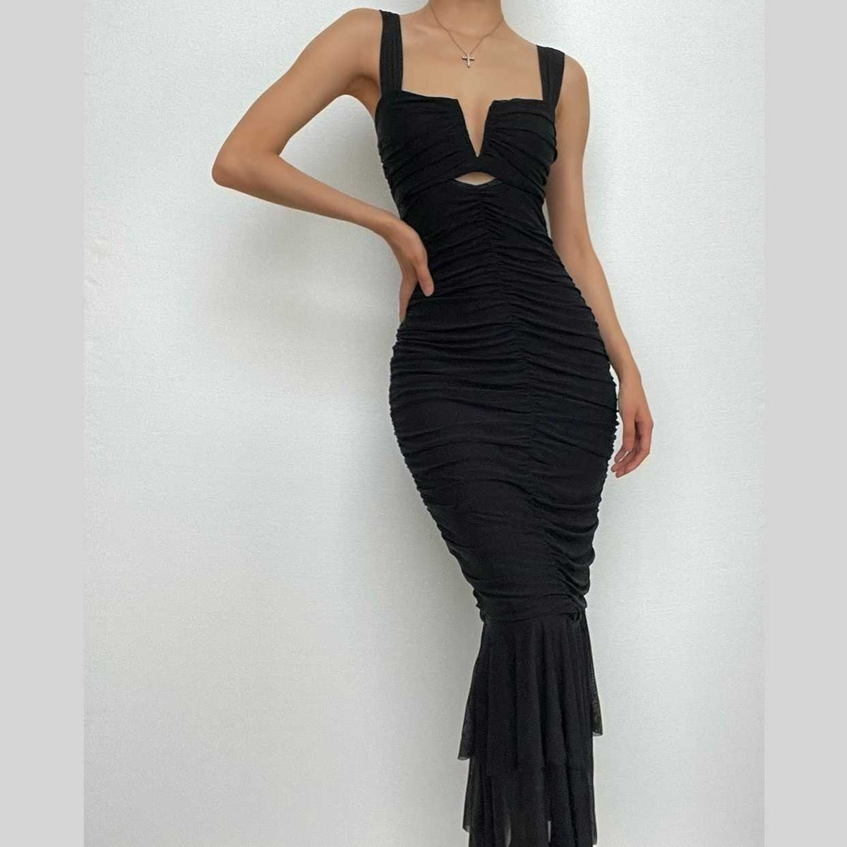 Solid ruched notch neck mesh zip-up ruffle maxi dress - View 3