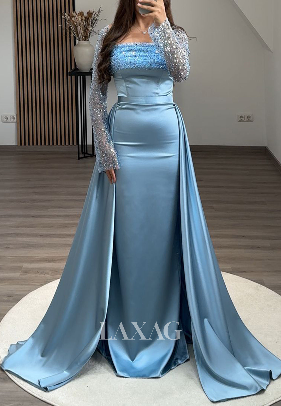 Long Sleeves Square-Nck Pleated Party Gowns Beaded Sequined Mermaid Prom Dress with Overskirt