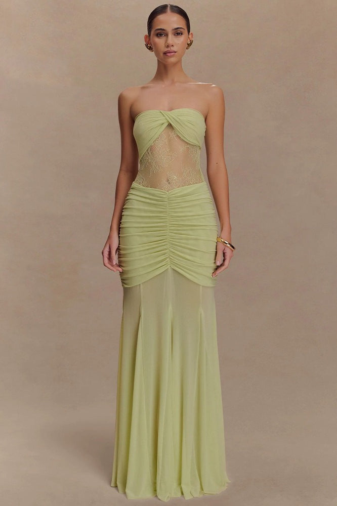 Strapless Lace Panel Ruched Mermaid Gown