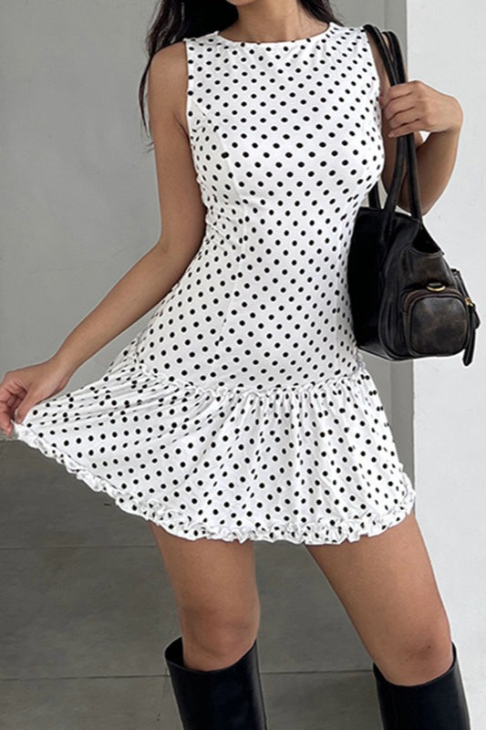 Polka Dot Sleeveless Ruffle Hem Mini Dress