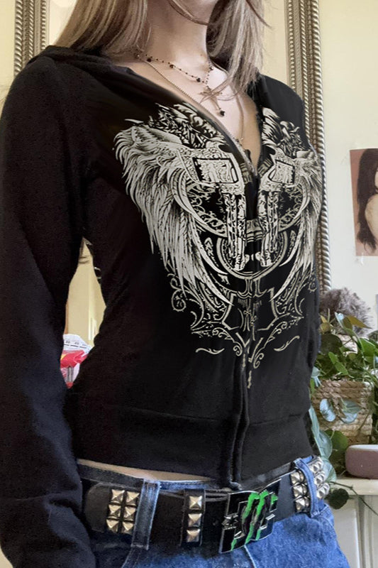 Wings Print Zip Up Y2K Hoodie