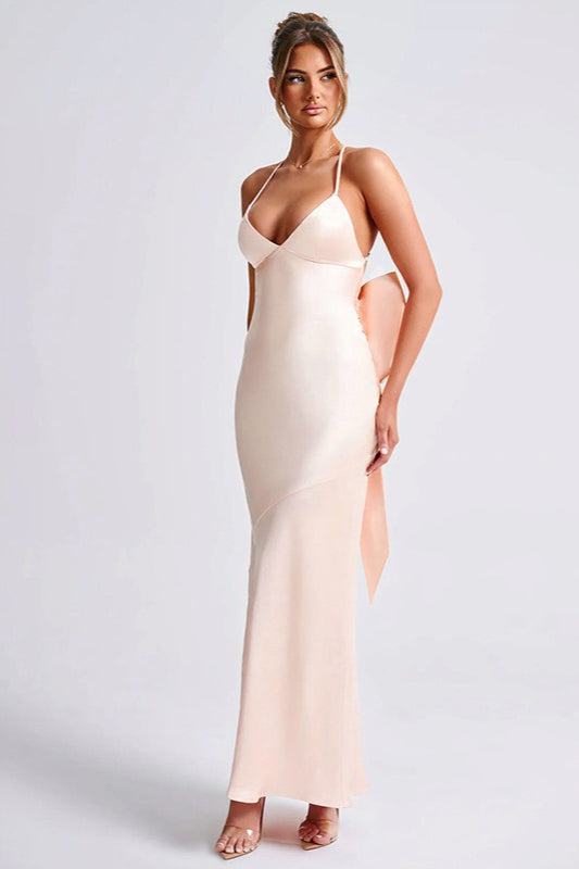 Satin Plunge Lace-Up Back Backless Slip Maxi Dress