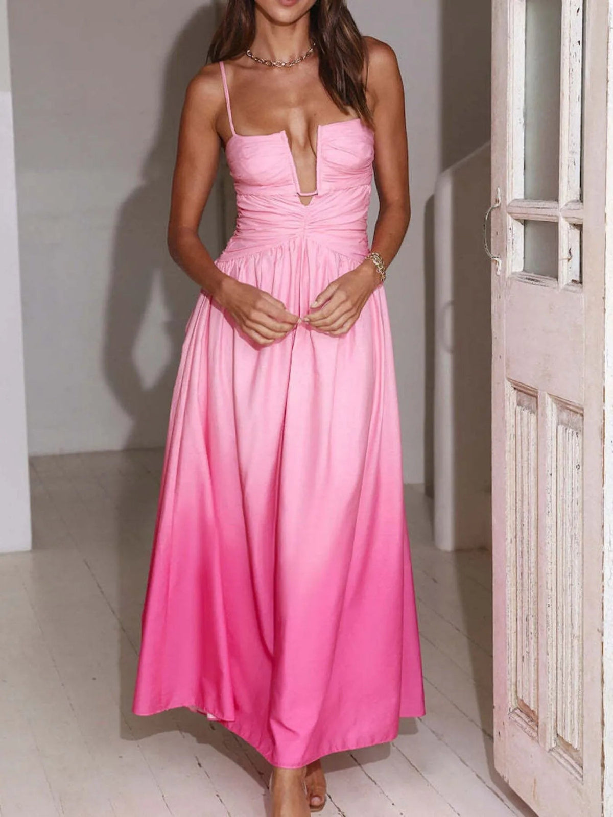 Ilenia Minimalist Backless Strappy Ruched Maxi Dress Evening Wear Edit