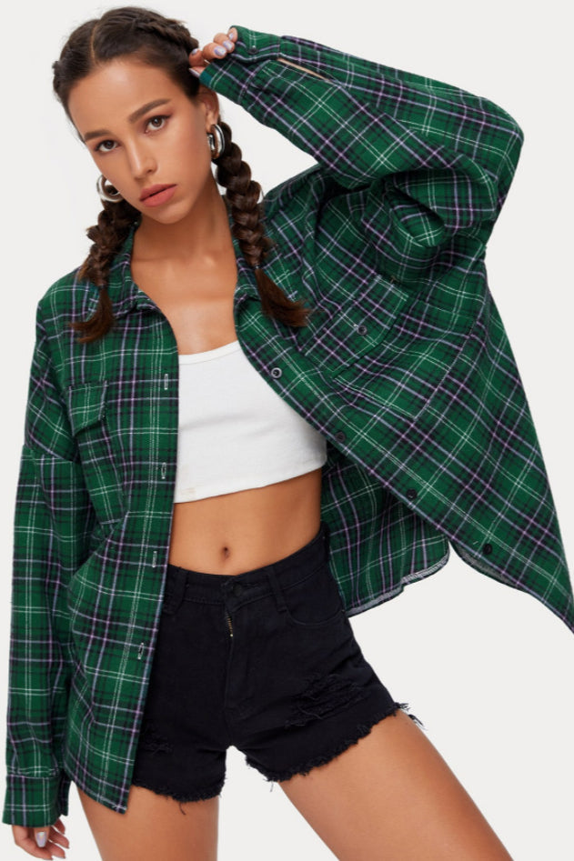 Plaid Stand Collar Button Shirt Blouse - Fashionpara
