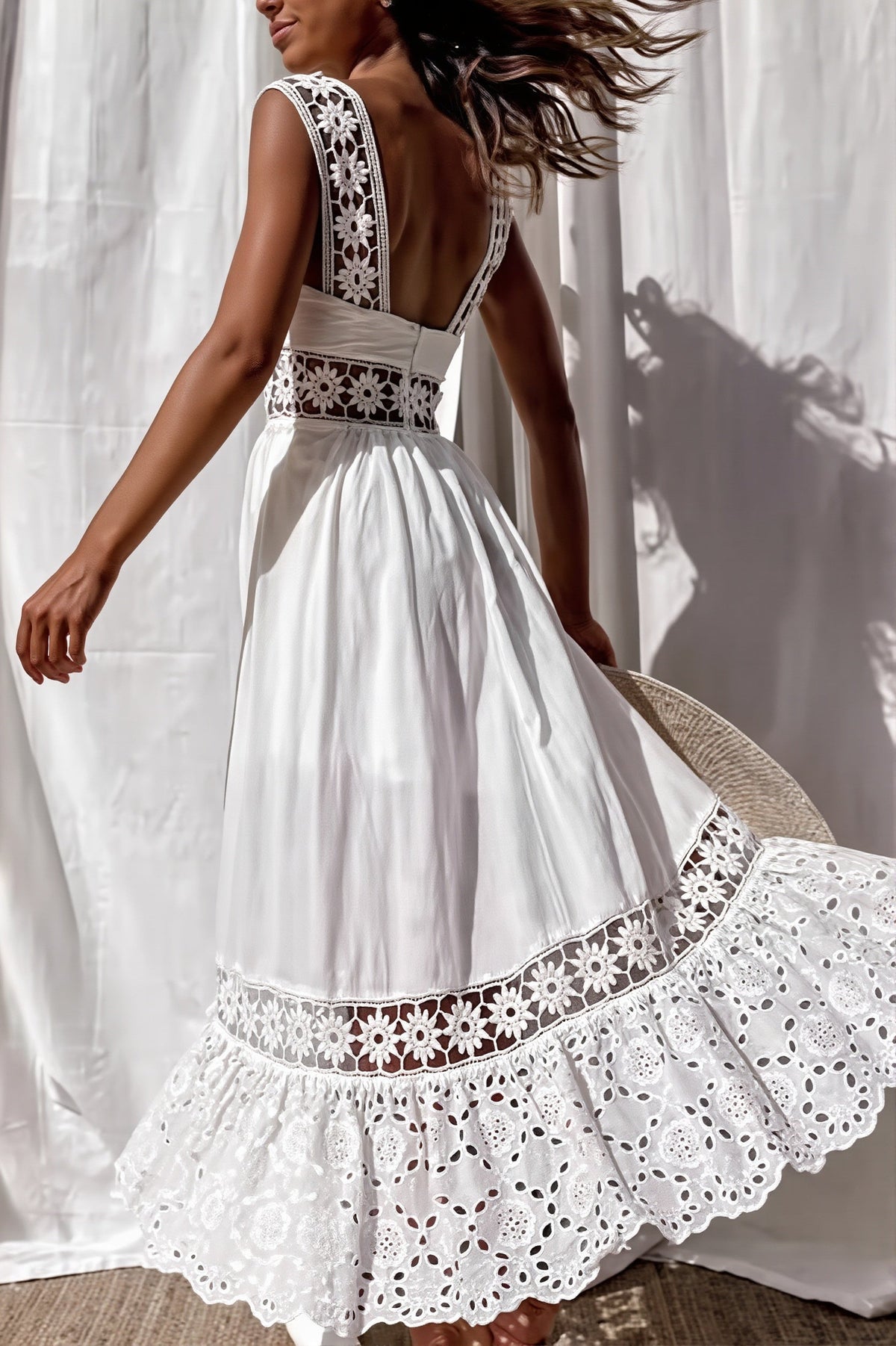 Broderie Square Neck Crochet Trim Tiered Midi Dress 3