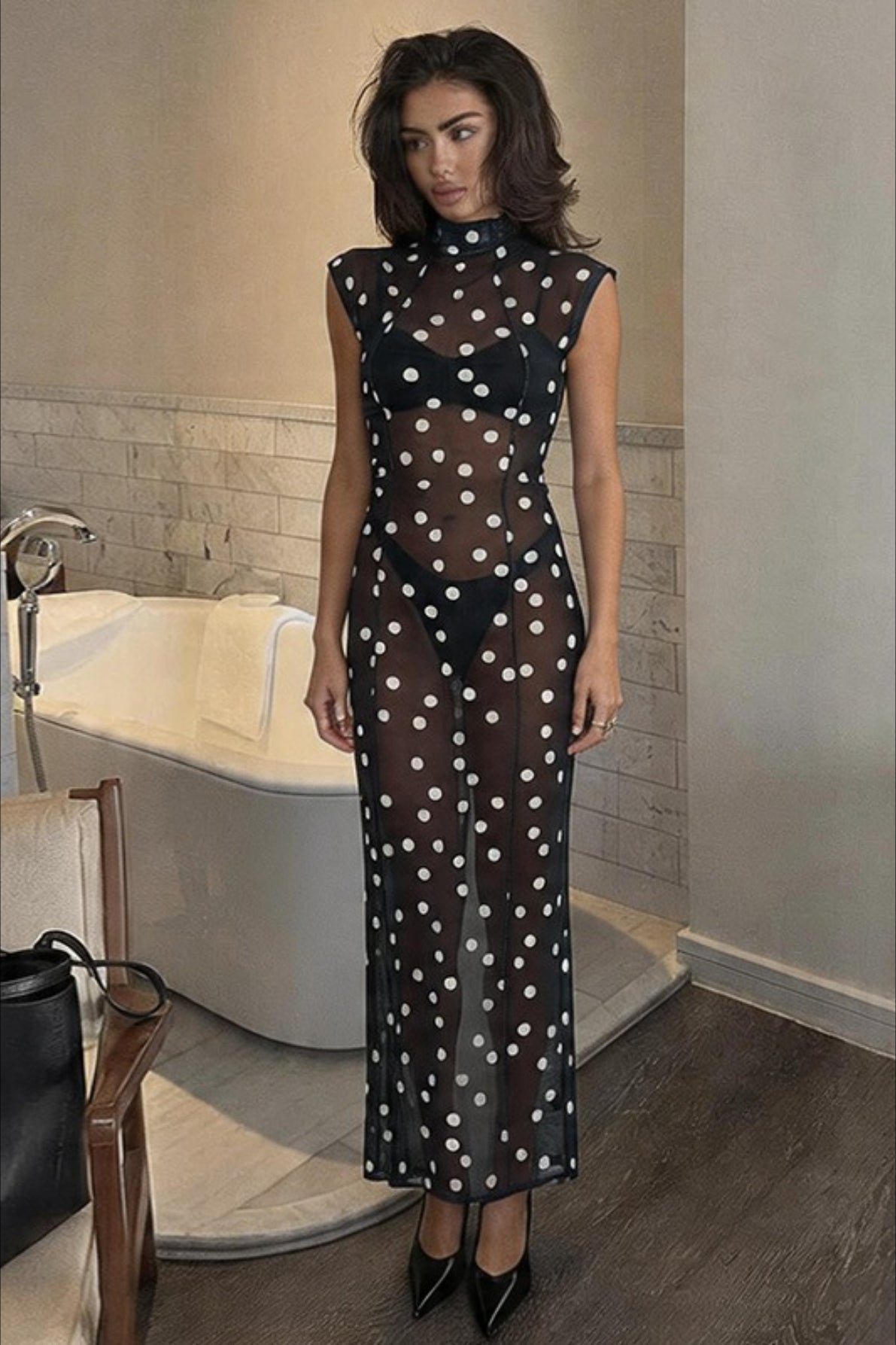 Polka Dot Sheer Mesh High Neck Maxi Beach Dress 2