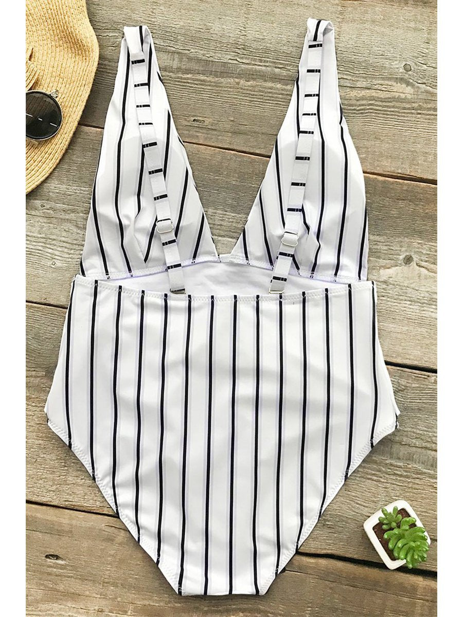 Striped Print On-piece Swimsuit - Fashionpara