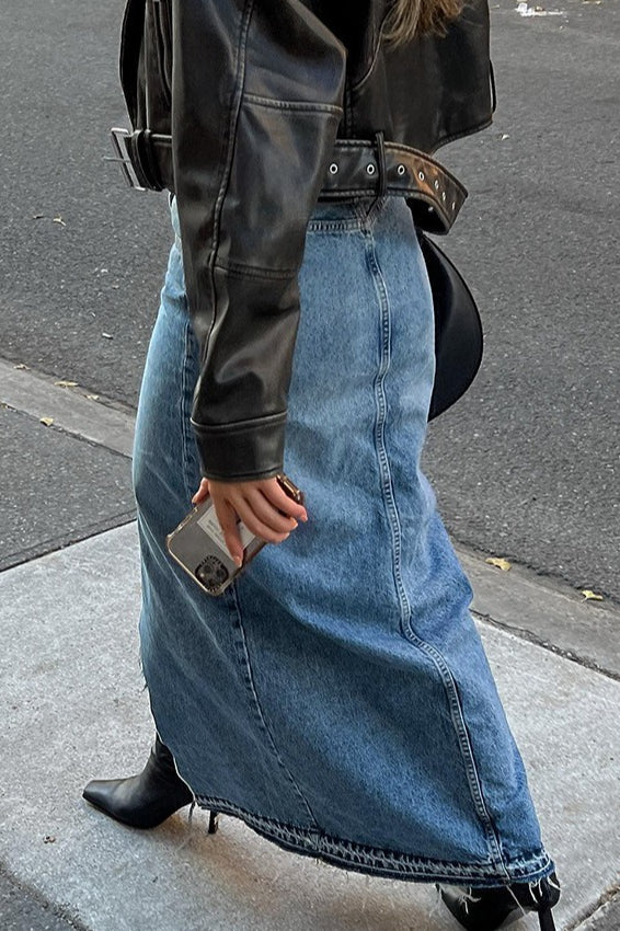 Blue Denim Raw-Hem A-Line Skirt