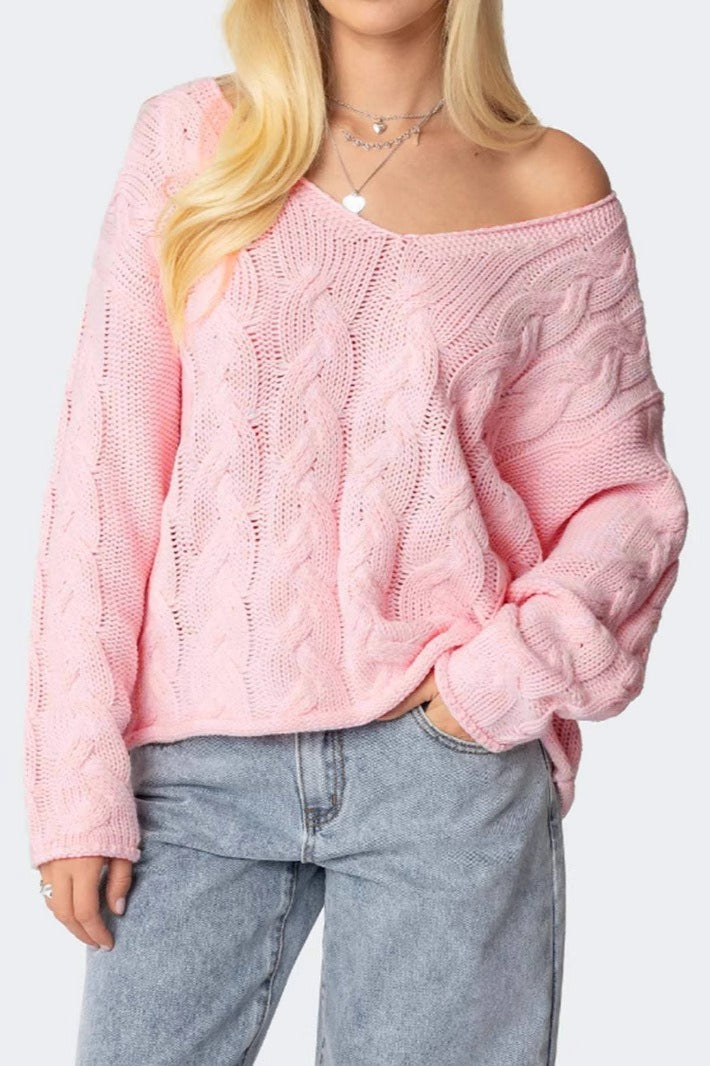 PrincessAce Solid V-Neck Cable-Knit Sweater for Comfort