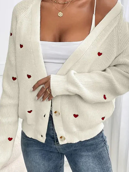 Heart Embroidery V-Neck Cardigan for Cozy Elegance