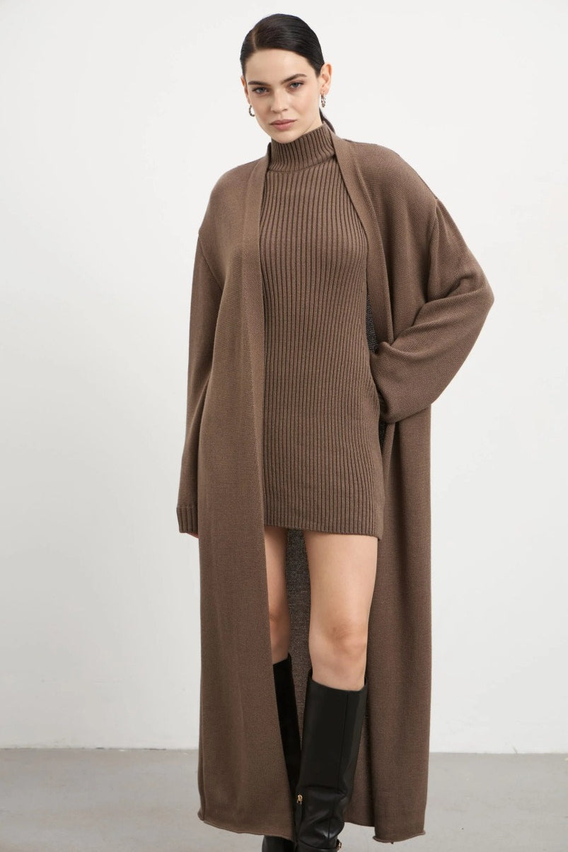 Fitted Knit Tank Dress and Long Cardigan Two-Piece Set