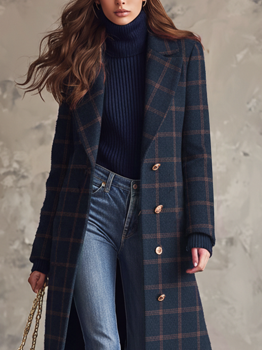 Retro Metal Button Plaid Long Coat - Fashionpara