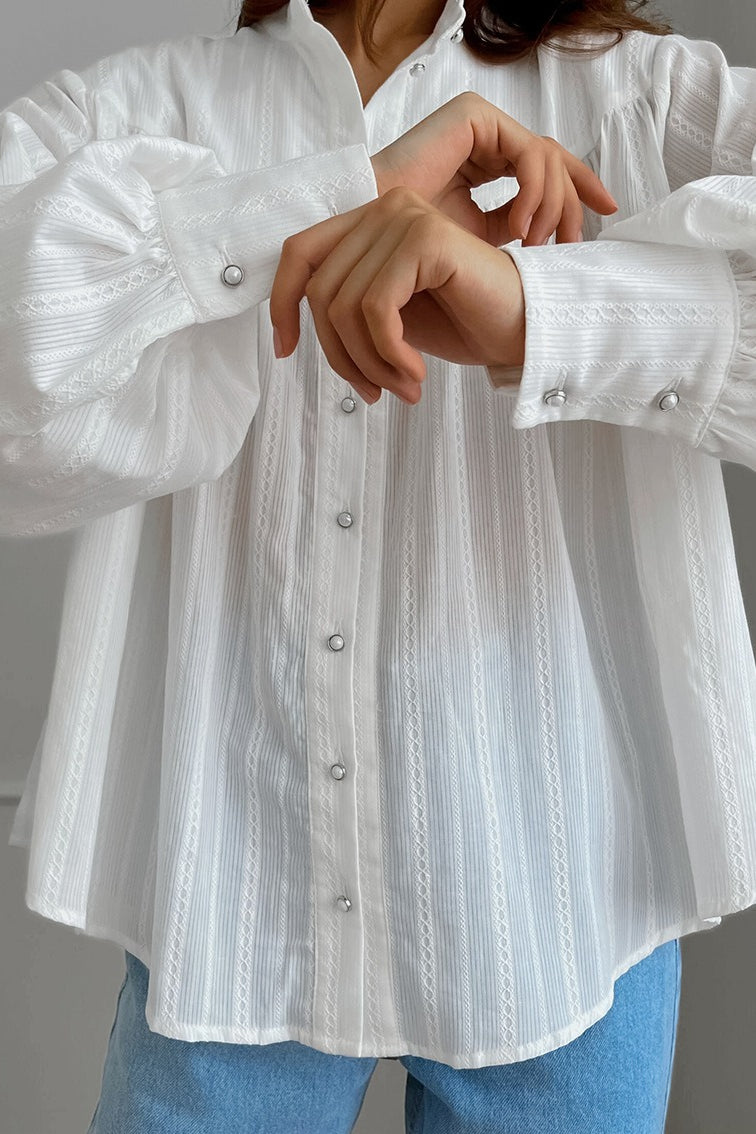 Textured Stand Collar Button Blouse