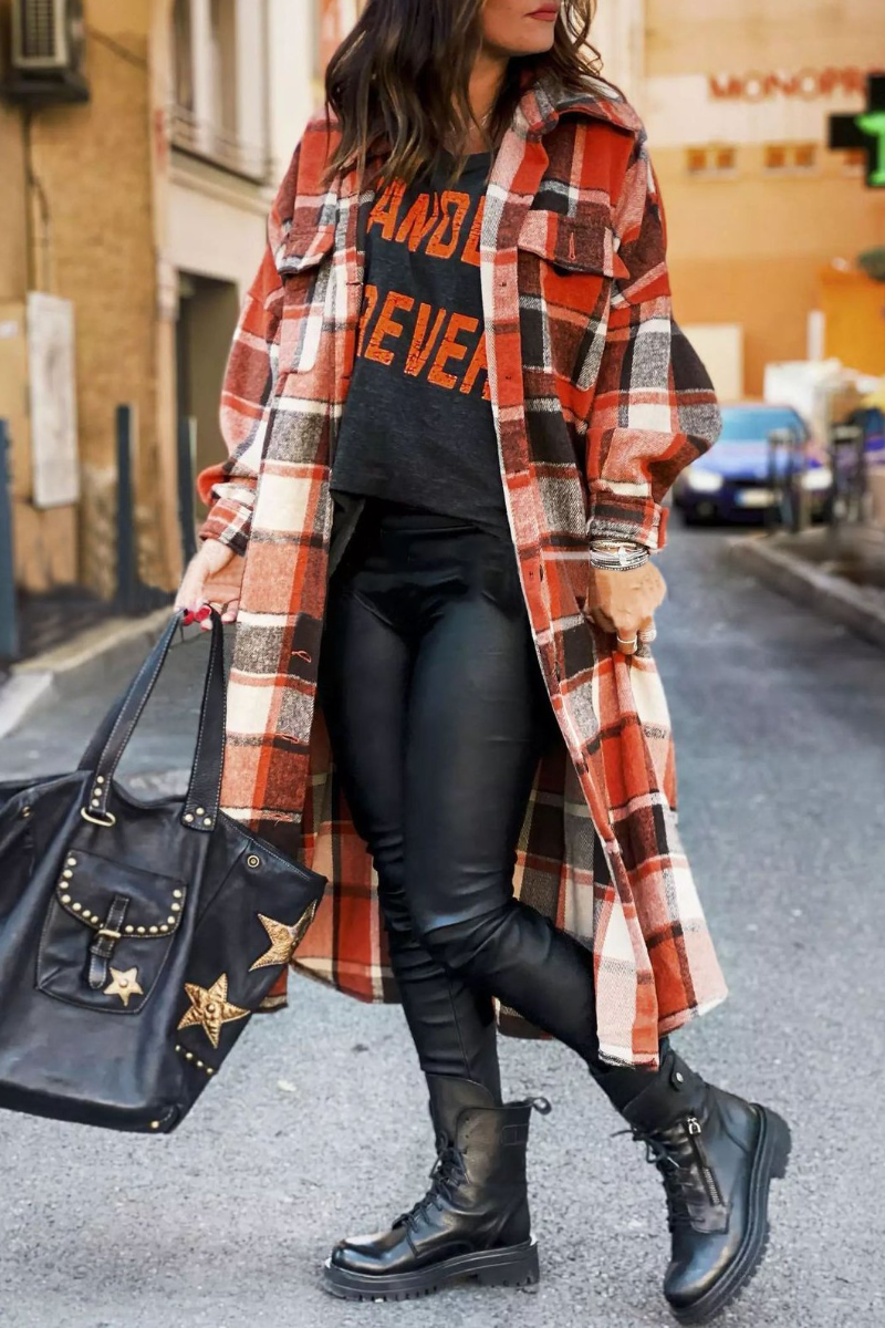 Lapel Plaid Slit Long Woolen Coat Fashionpara