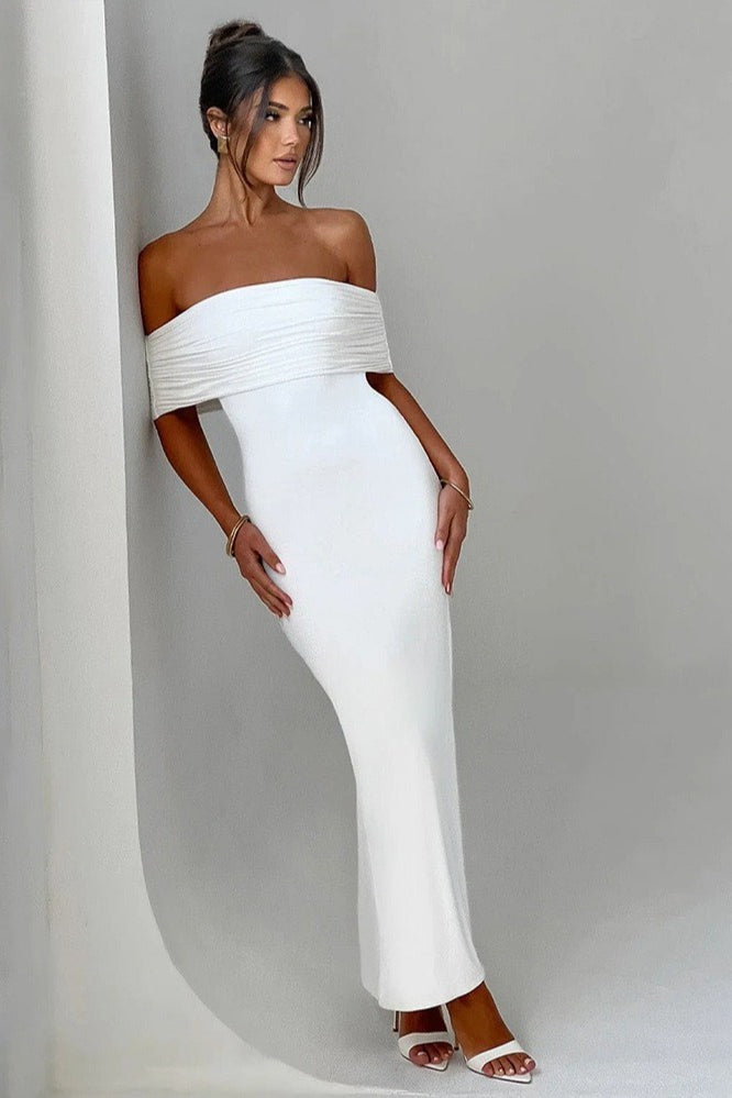 Sexy Off Shoulder Backless Bodycon Ruched Solid Formal Dress